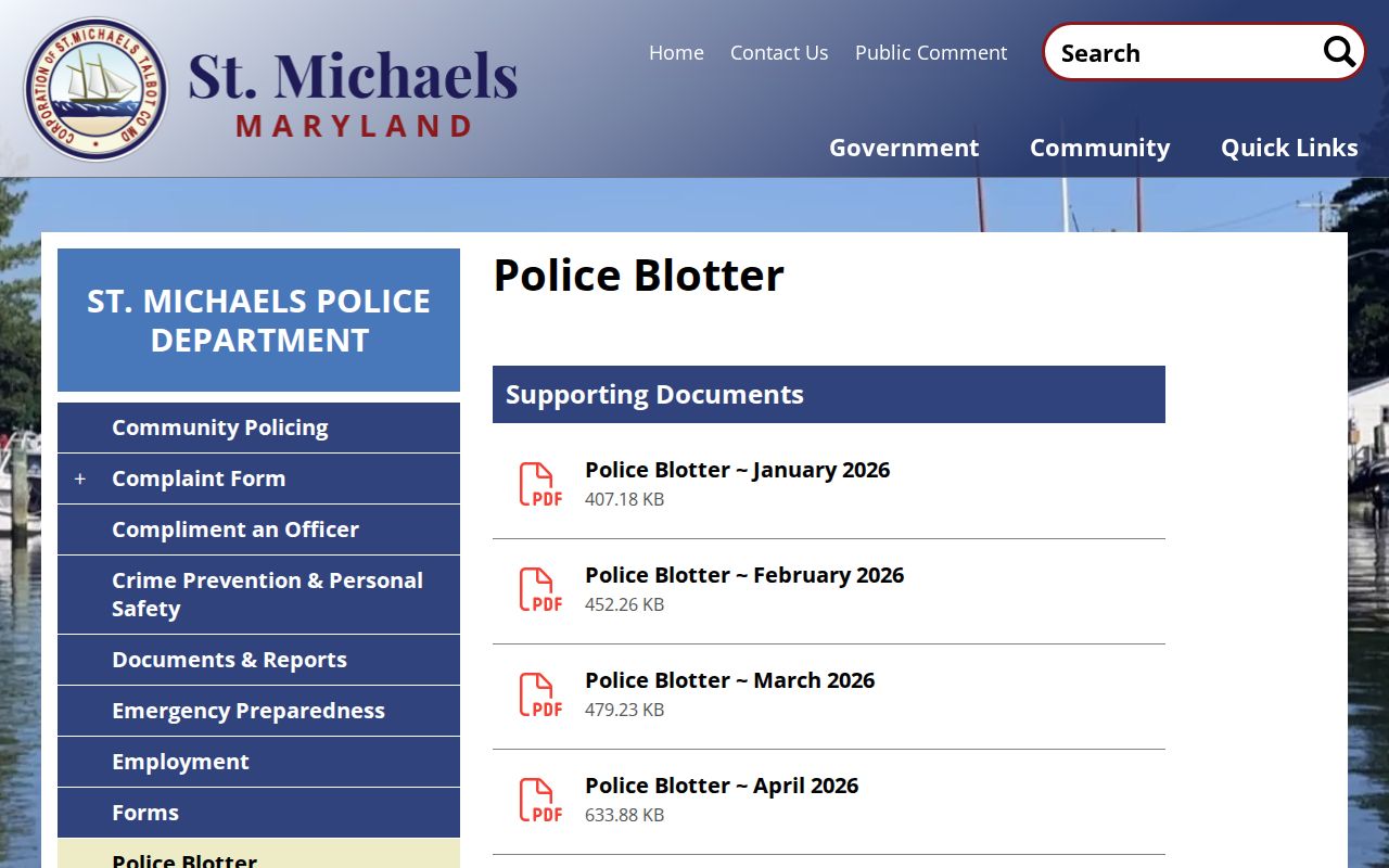 Official St. Michaels Police monthly blotter index